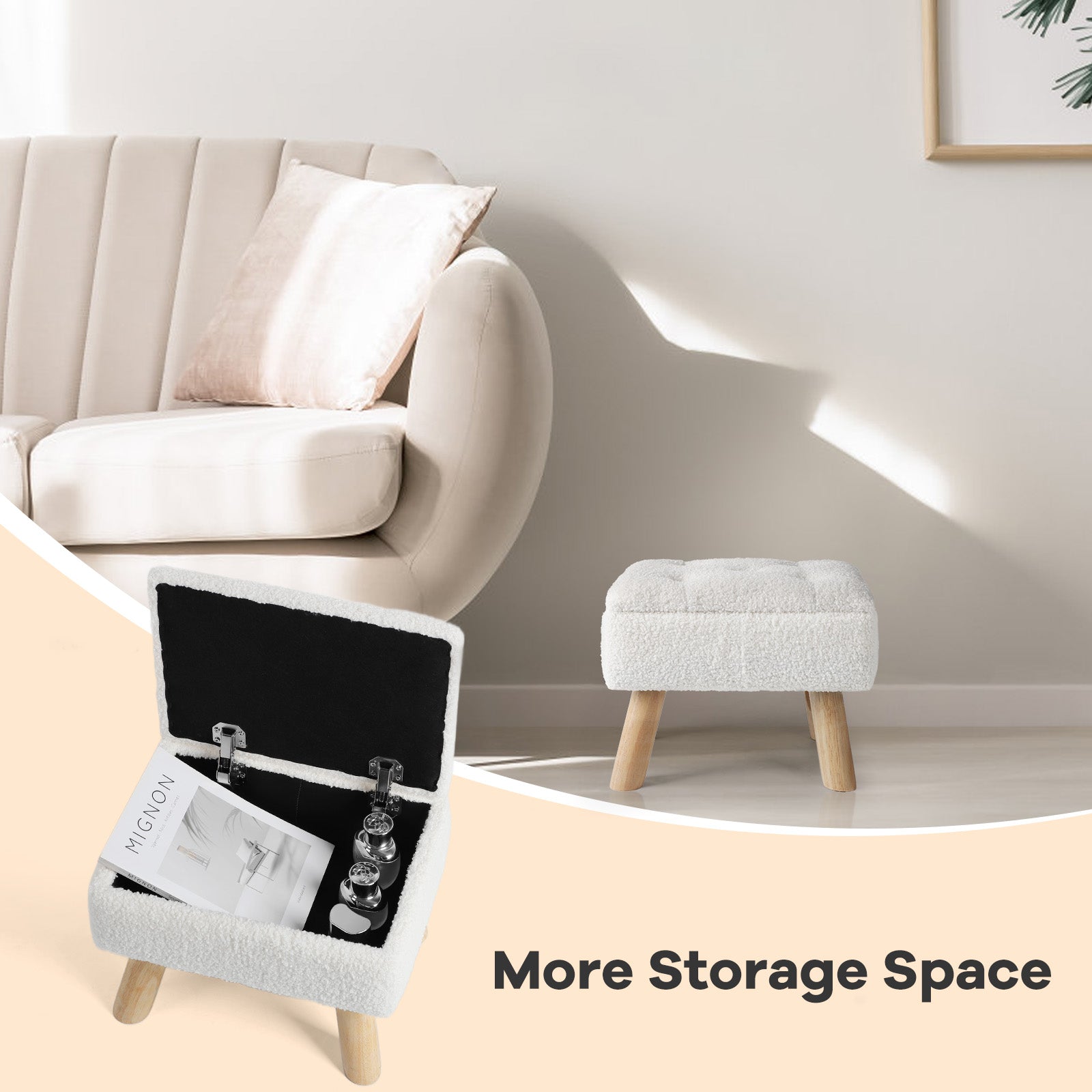 Cozy BouclÃ© Storage Ottoman | Chic Teddy Velvet Footstool with Natural Wood Legs