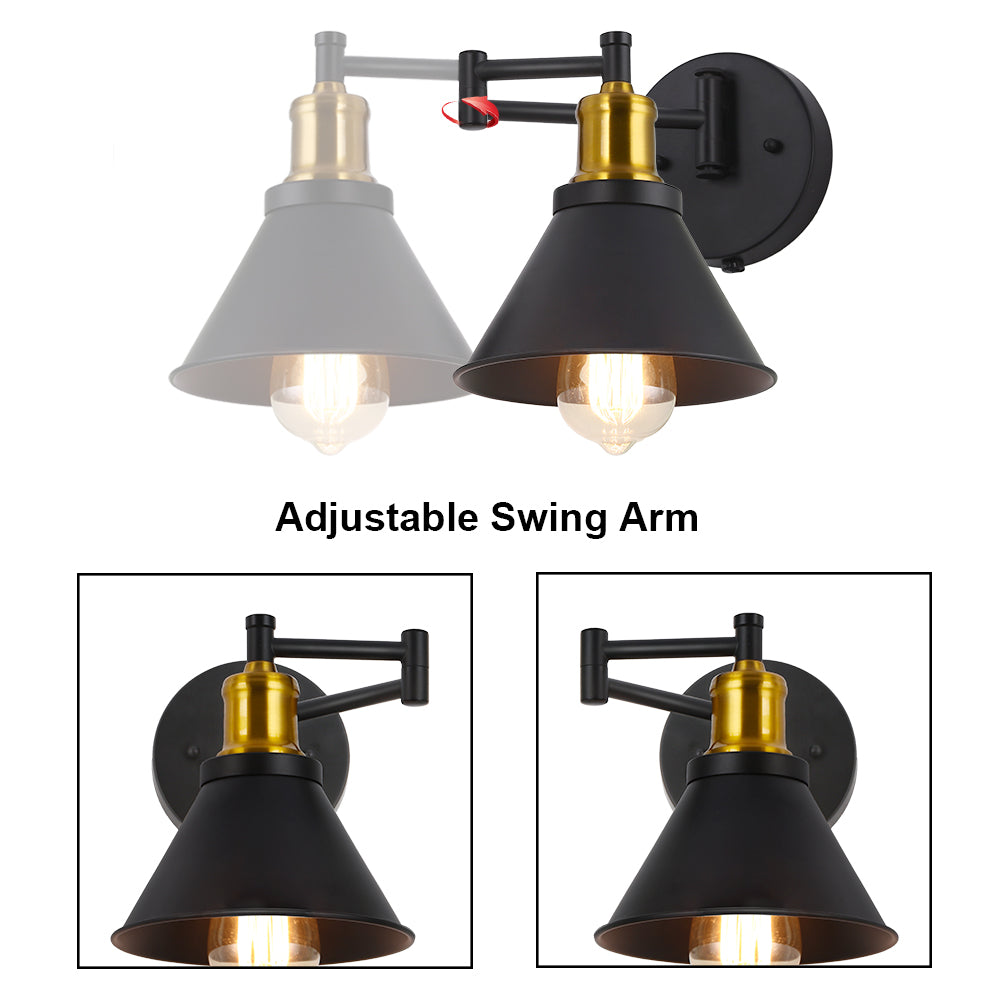 Dimmable Swing Arm Wall Sconces, Plug-in Wall Mounted Lamps - Black & Brass Finish for Bedroom, Living Room, Dorm (Bulbs Not Included)