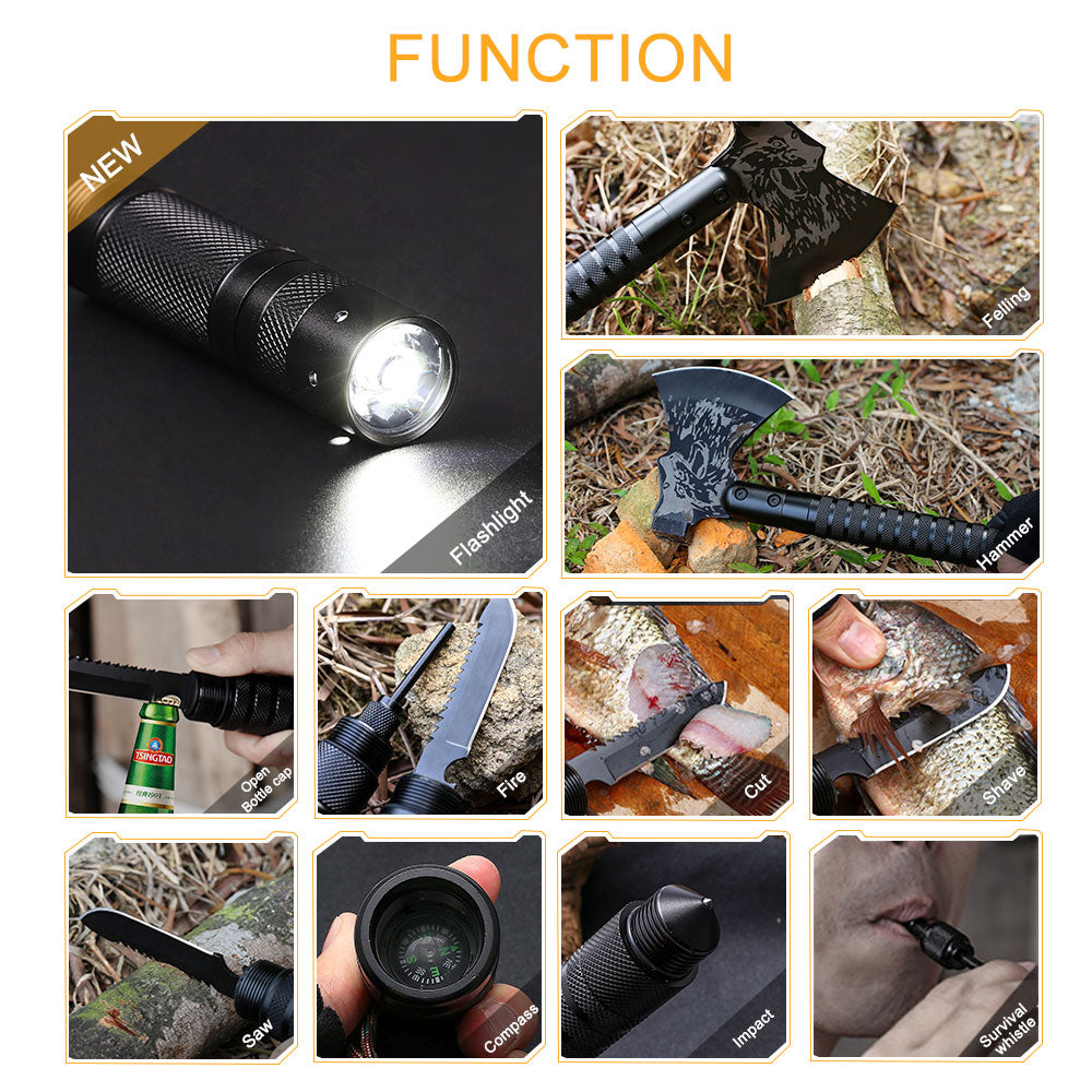 22-Inch Survival Axe Multitool, Folding Tactical Hatchet with Hammer, Flashlight, Compass and Flint for Camping and Hunting,