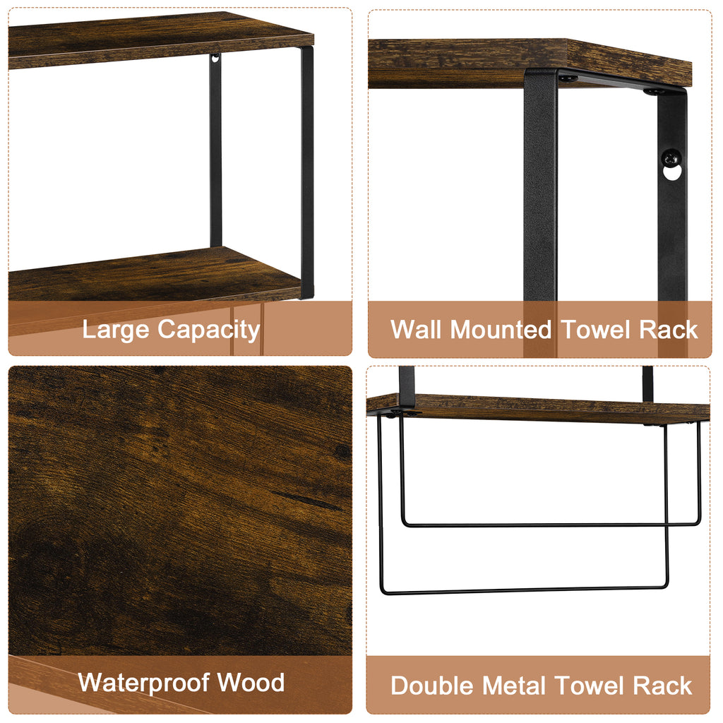 2-tier metal and wood storage rack with dual towel rods, wall-mounted towel rack, hanging storage shelf, multifunctional storage rack for hanging towels, bath towels, and clothes.