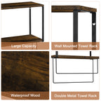 2-tier metal and wood storage rack with dual towel rods, wall-mounted towel rack, hanging storage shelf, multifunctional storage rack for hanging towels, bath towels, and clothes.
