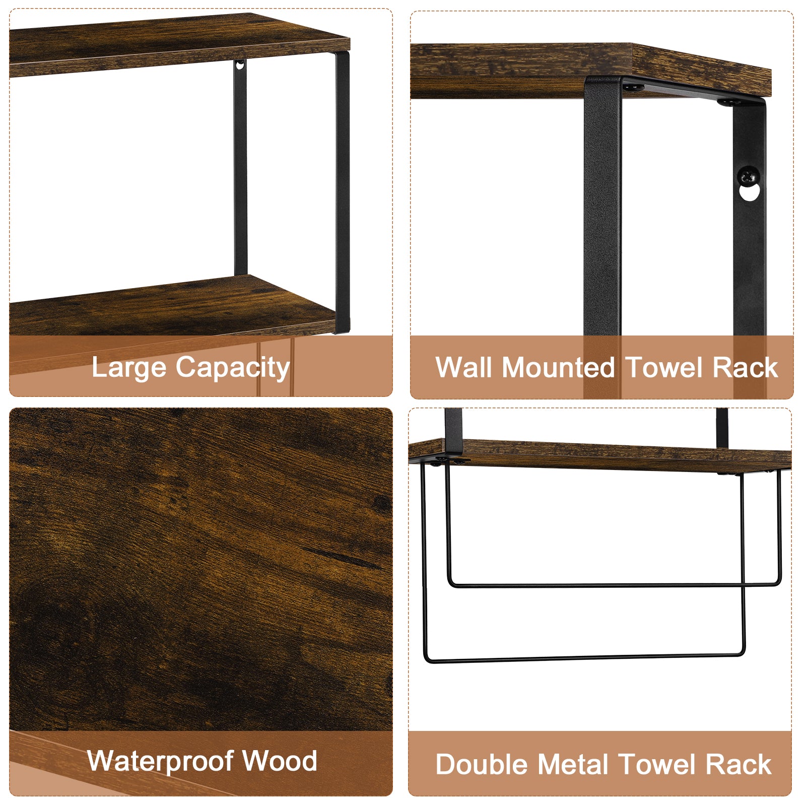 2-tier metal and wood storage rack with dual towel rods, wall-mounted towel rack, hanging storage shelf, multifunctional storage rack for hanging towels, bath towels, and clothes.