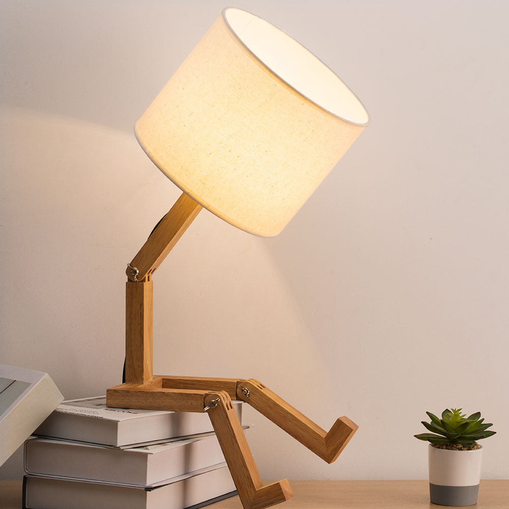 Creative Robot Wooden Desk Lamp, Adjustable Shape Bedside Lamp with Built-in Phone Holder