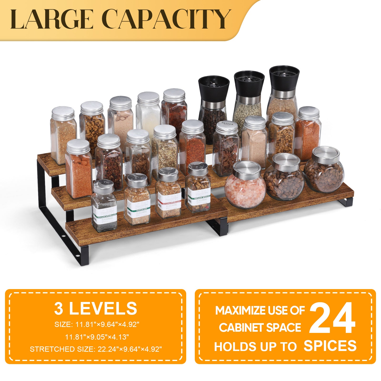 4-Piece 3-Tier Expandable Bamboo Spice Rack - Stackable Step-Style Pantry Organizer - Space-Saving Countertop Display Stand for Kitchen & Cabinets
