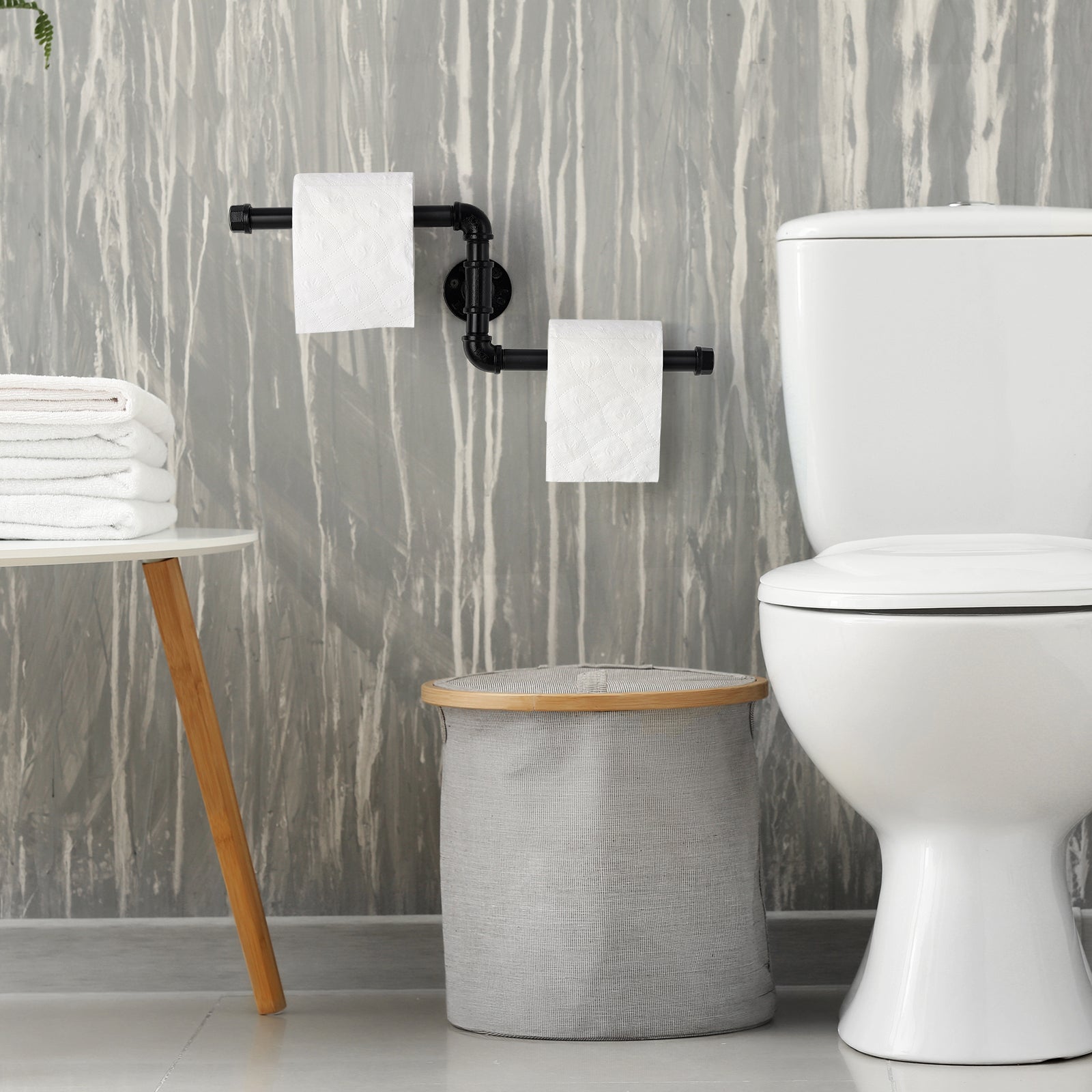 Stepped Industrial Pipe Double Toilet Paper Holder，Heavy-Duty Cast Iron Wall-Mounted Dual Tissue Rack.