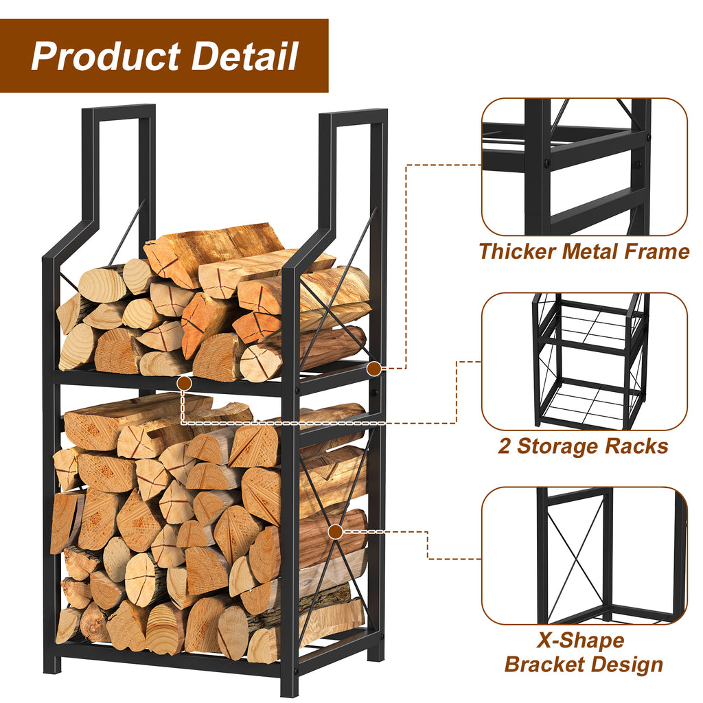 2-Tier Heavy Duty Firewood Rack for Indoor & Outdoor - Decorative Log Storage Stand for Fireplace, Fire Pit & Hearth, Black Metal Wood Holder