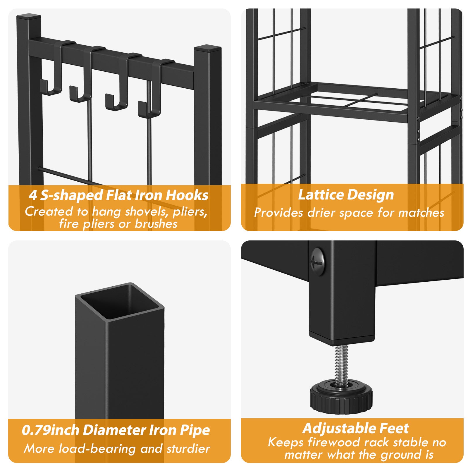 2-Tier Indoor Firewood Rack - Outdoor Log Holder w/ 4 Fireplace Tool Hooks, Black