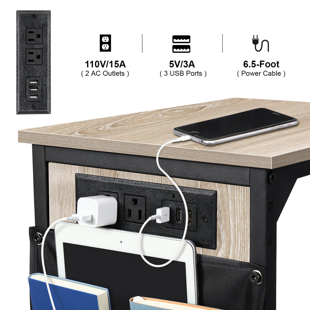 Set of 2 C-Shaped End Tables with Charging Station, Oak Side Tables for Couch & Sofa, Mobile Snack Tables for Bedroom,