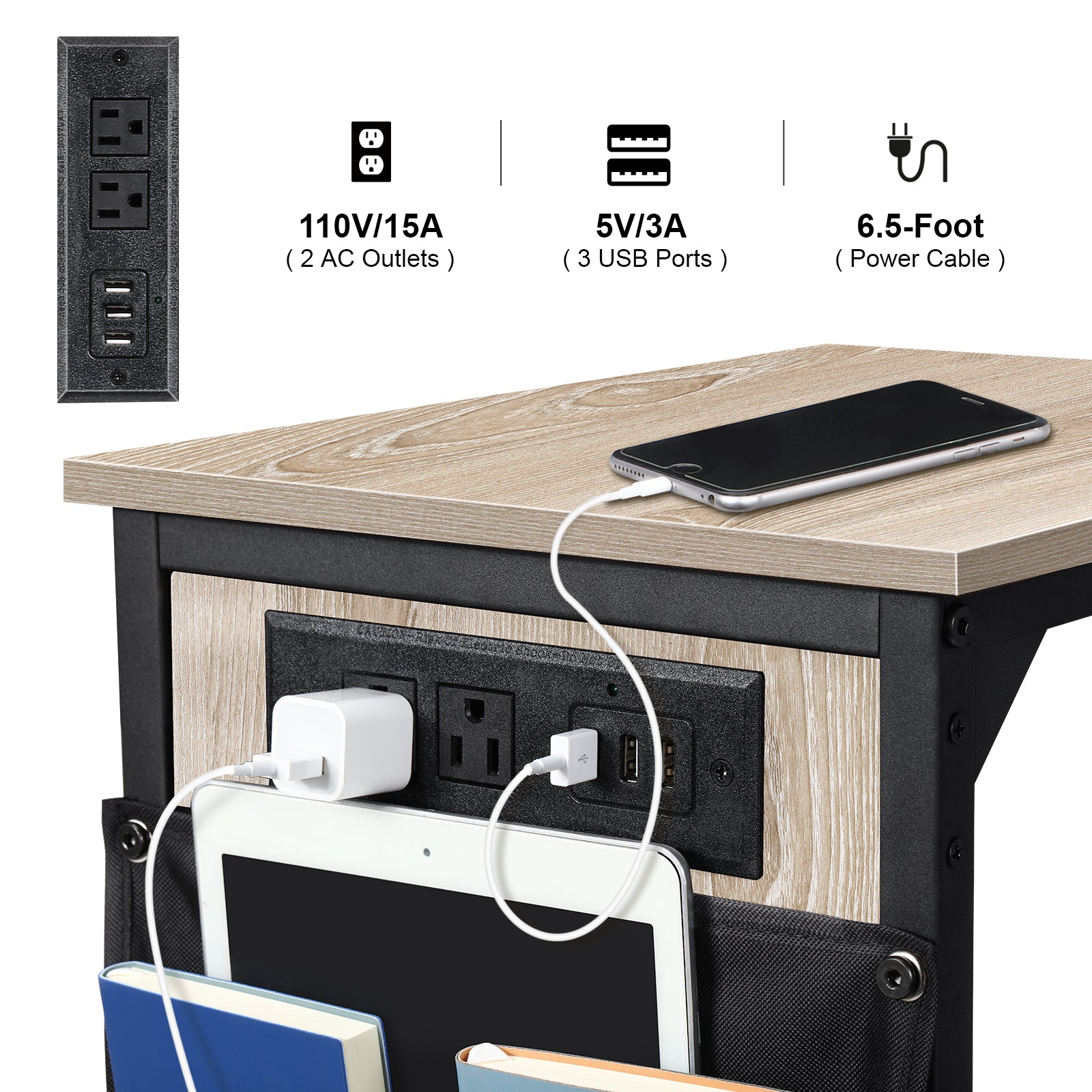 Set of 2 C-Shaped End Tables with Charging Station, Oak Side Tables for Couch & Sofa, Mobile Snack Tables for Bedroom,