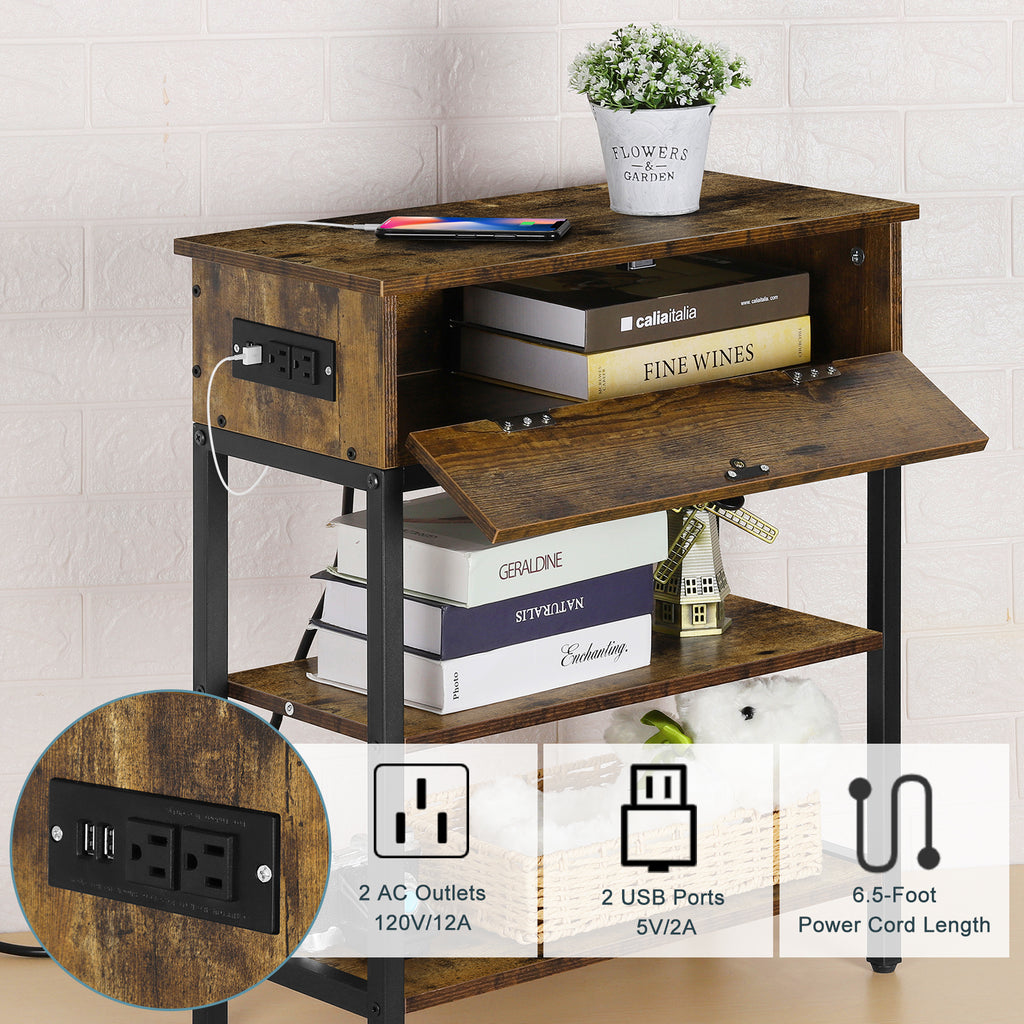 Nightstand with Charging Station & Flip Door, Rustic Side Table with USB Ports for Small Spaces