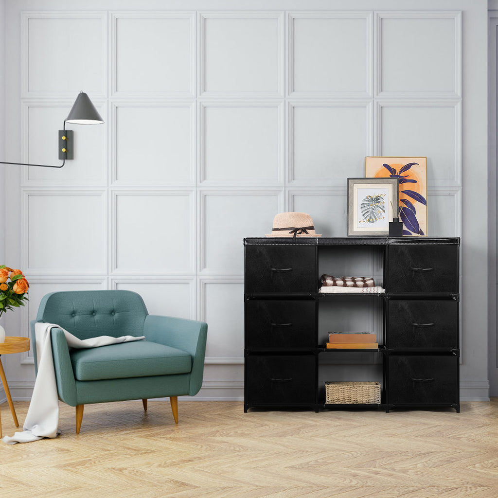 6/8 Drawer Fabric Storage Dresser with Open Middle Shelves, PU Leather Top Chest of Drawers, Modular Metal Frame Vertical Organizer Cabinet, Freestanding Closet Organizer for Bedroom, Entryway, Living Room, Salon