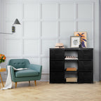 6/8 Drawer Fabric Storage Dresser with Open Middle Shelves, PU Leather Top Chest of Drawers, Modular Metal Frame Vertical Organizer Cabinet, Freestanding Closet Organizer for Bedroom, Entryway, Living Room, Salon