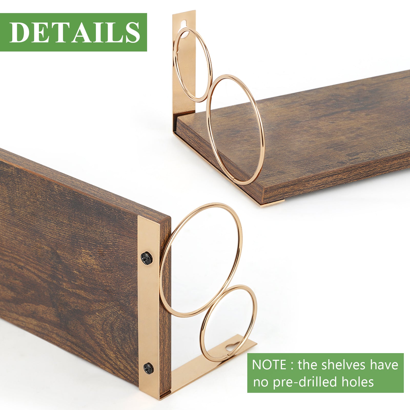 Torched Finish Floating Shelves with Gold Circular Brackets - Set of 3 Wall Mounted Display Shelves