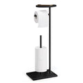 Freestanding Toilet Paper Holder Stand with Round Wooden Top Shelf, Black Metal Tissue Roll Storage Rack, Reserve Roll Storage Design for Bathroom Kitchen