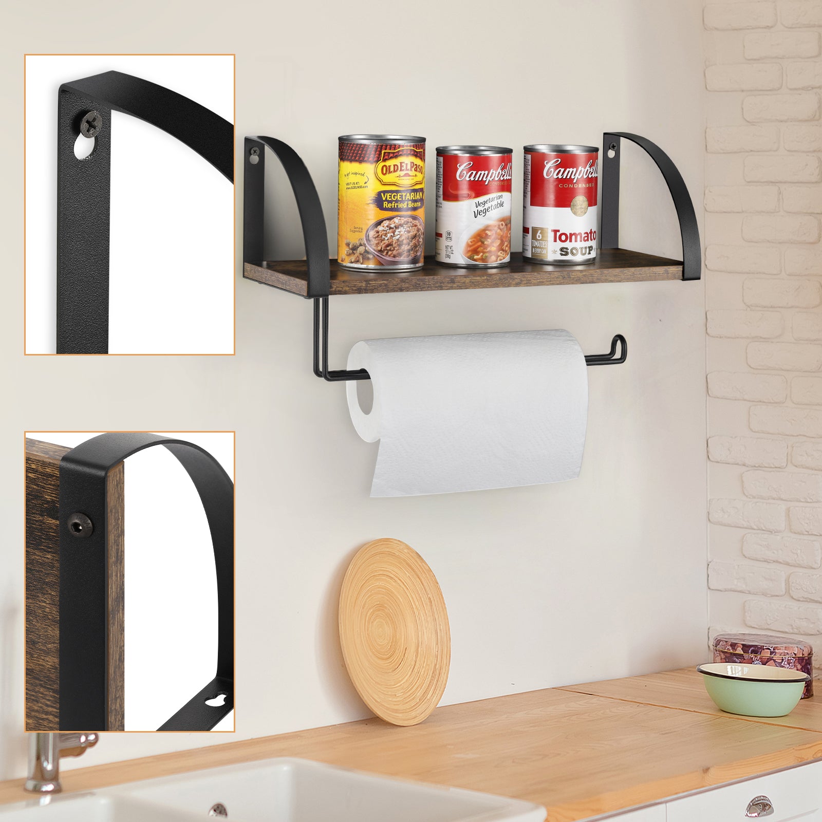 Wall-Mounted Wood Paper Towel Holder with Shelf - Farmhouse Kitchen Under-Cabinet Rack - Rustic Spice Organizer & Bathroom Towel Storage