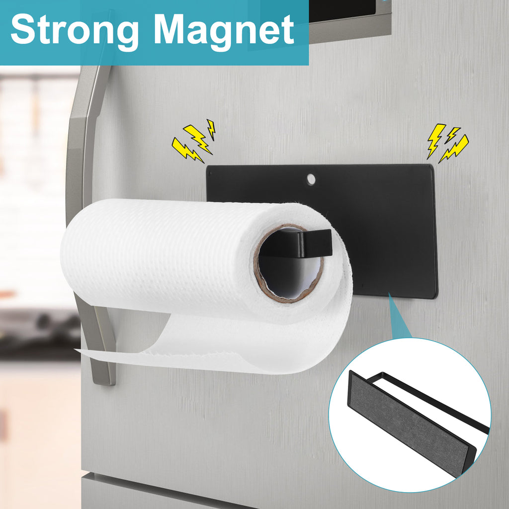 Set of 2 Magnetic Paper Towel Racks - Dual Mounting Options with Magnet or Screws - Black Wall Mount Towel Bar for Kitchen, Fridge, and RVs