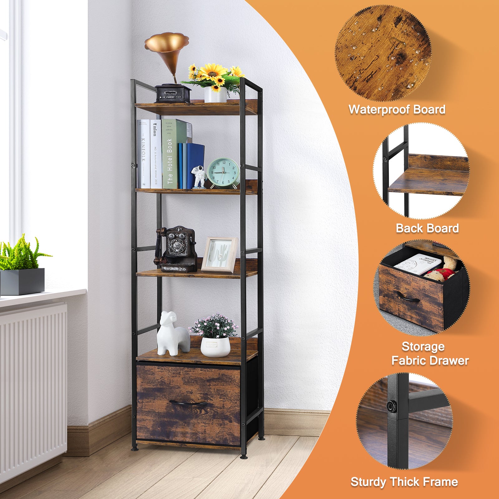 Tall Narrow 5-Tier Bookshelf with Storage Cabinet Drawer