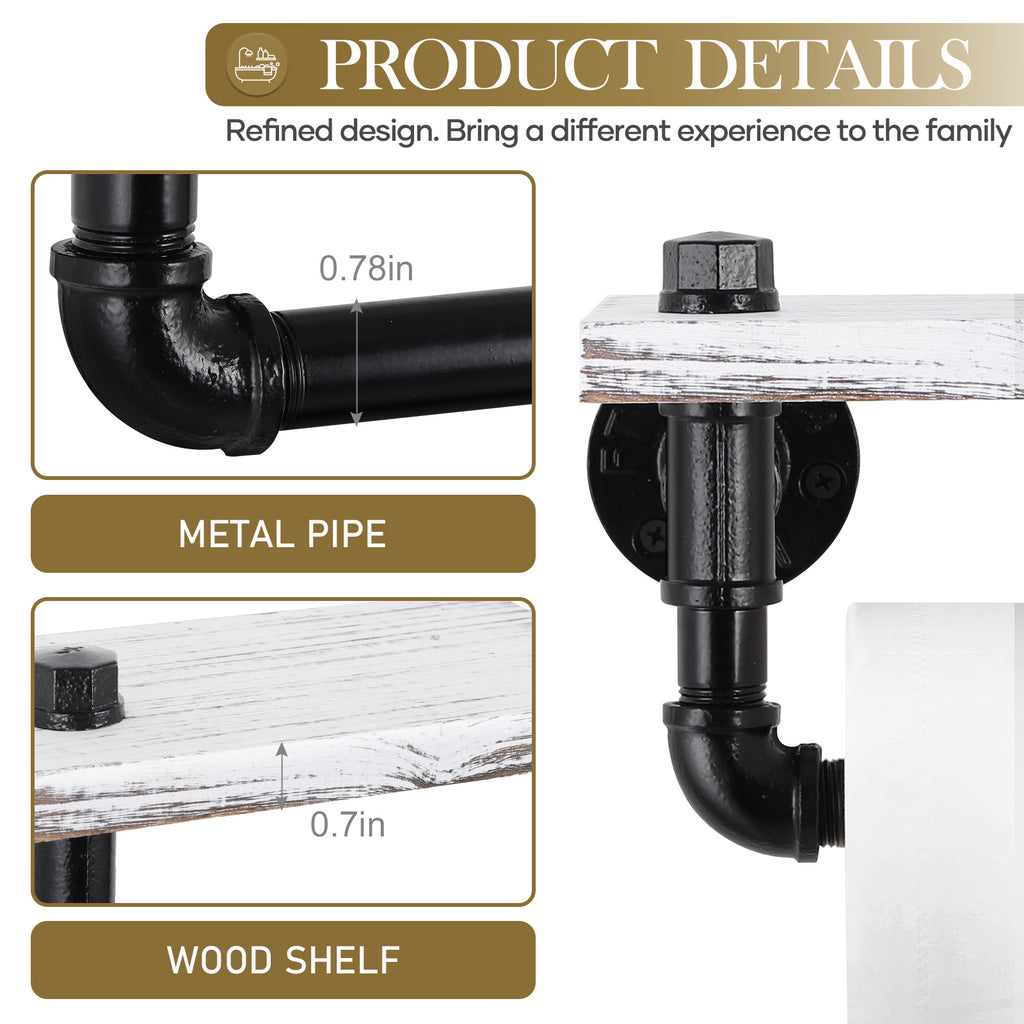 Industrial Pipe Toilet Paper Holder with Shelf - Wall-Mounted Rustic Wood Bathroom Organizer - Heavy-Duty Steampunk Tissue Rack