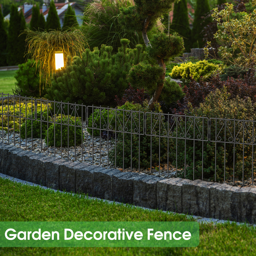 10-Piece Set Outdoor Garden Edging, 16.7 Inch Height x 10.8 Feet Total Length Ornamental Black Iron Barrier, Ground Stake Fencing for Pet Containment and Yard Protection
