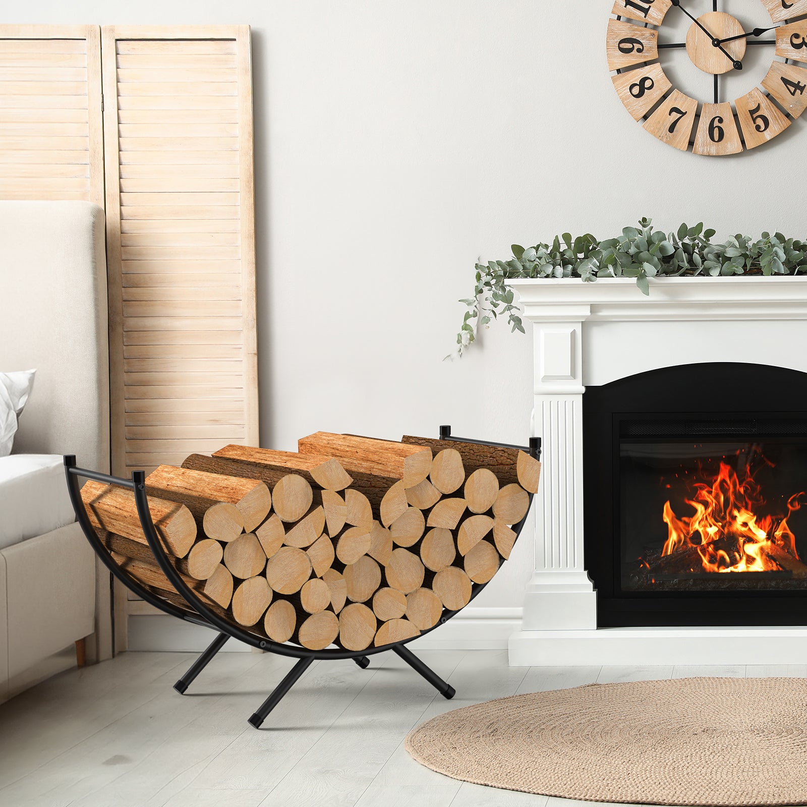 33 Inch Curved Firewood Rack, Powder-Coated Metal Fireplace Log Holder, Heavy Duty Indoor/Outdoor Firewood Storage Rack for Fireplace, Patio, Backyard, Black
