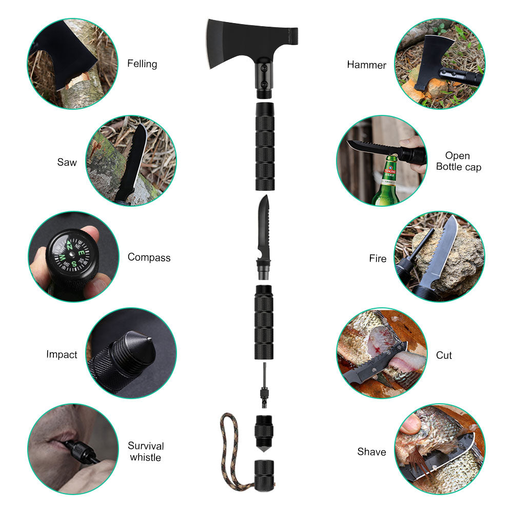 Survival Camping Axe Multi-Tool Set, Tactical Throwing Hatchet with Hammer, Whistle, and Flint for Hiking and Outdoor Adventure,