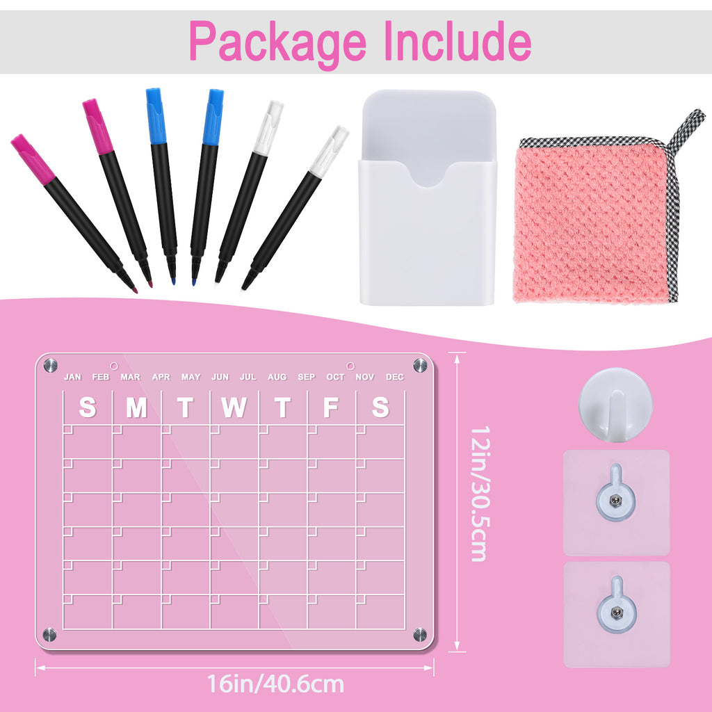 Acrylic Magnetic Dry Erase Board - Adhesive Calendar Planner Boards for Fridge and Wall, Includes 6 Magnetic Markers (3 Colors), Pen Holder, Clean Cloth, and Self-Adhesive Wall Hooks