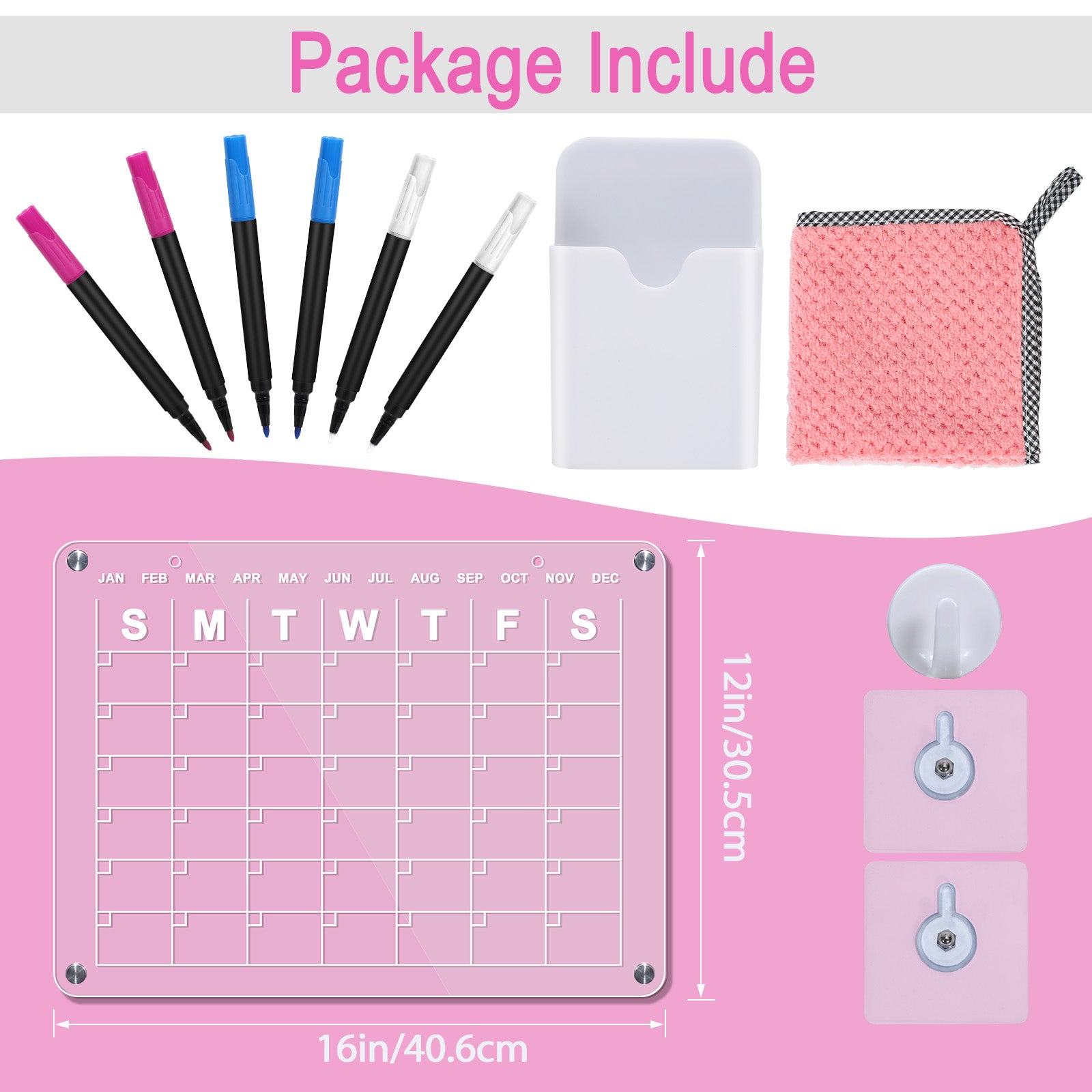 Acrylic Magnetic Dry Erase Board - Adhesive Calendar Planner Boards for Fridge and Wall, Includes 6 Magnetic Markers (3 Colors), Pen Holder, Clean Cloth, and Self-Adhesive Wall Hooks