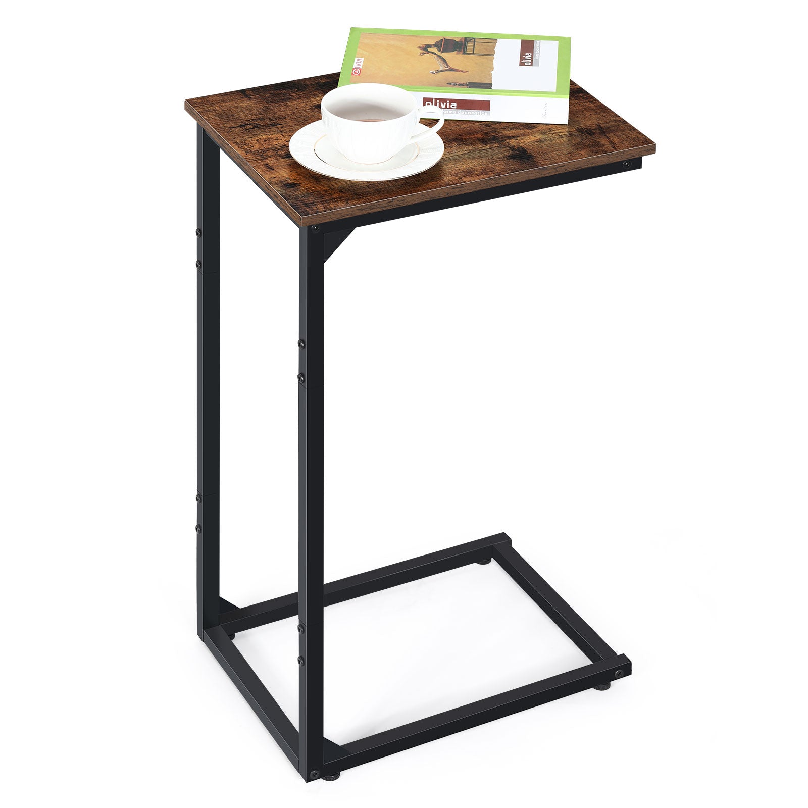 Set of 2 C-Shaped End Tables, Small Side Tables for Small Spaces, Rustic Brown Snack Tables for Couch & Bed,