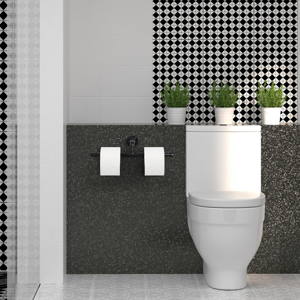Industrial Dual-Post Pipe Toilet Paper Holder — Wall-Mounted Double Roll Tissue Rack for Bathroom and Kitchen.