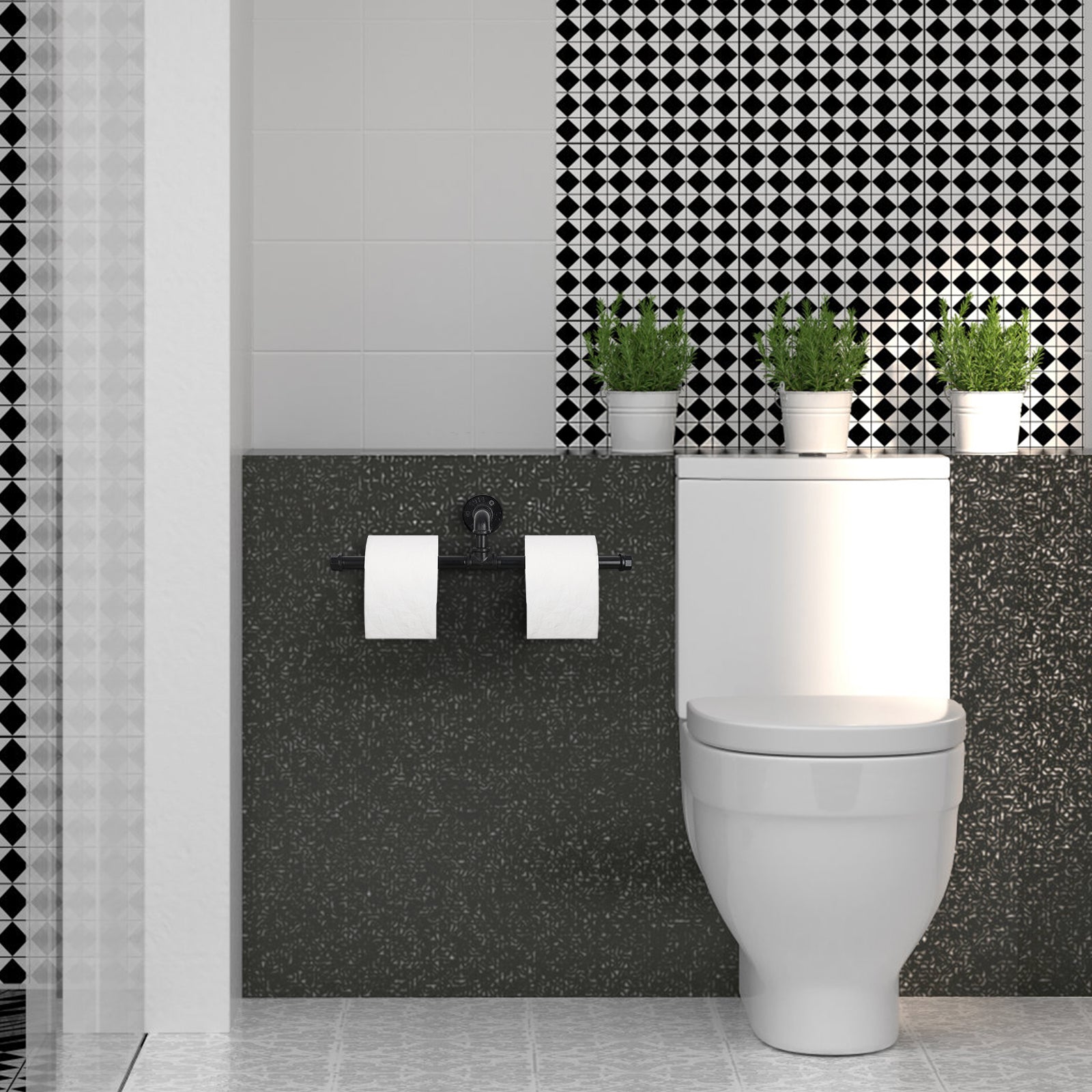 Industrial Dual-Post Pipe Toilet Paper Holder — Wall-Mounted Double Roll Tissue Rack for Bathroom and Kitchen.
