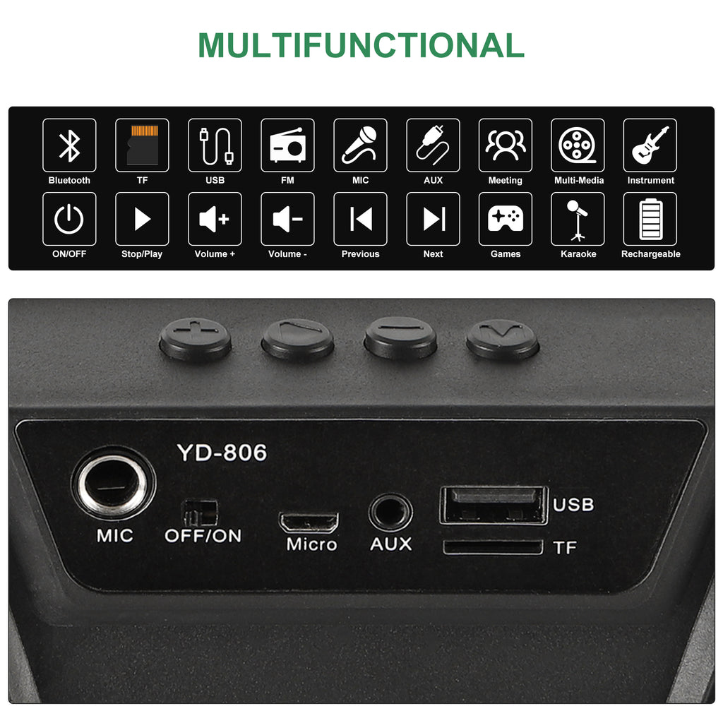 Karaoke player with a wired microphone, wireless portable karaoke speaker stereo music player, supporting TF/USB/FM/BT/AUX/MIC.