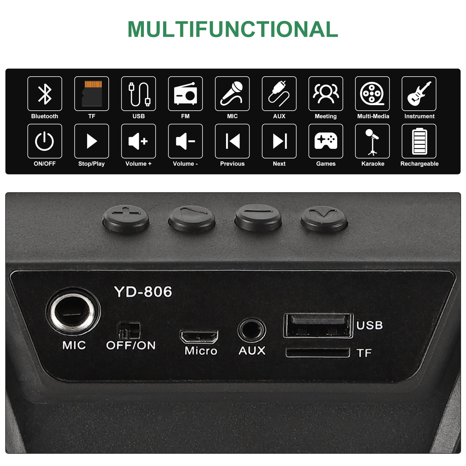 Karaoke player with a wired microphone, wireless portable karaoke speaker stereo music player, supporting TF/USB/FM/BT/AUX/MIC.