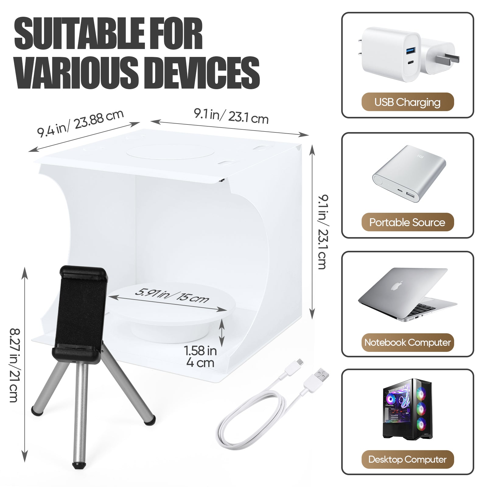 Mini Shooting Tent Photography Kit, Square Photo Studio with Rotating Dial & 6-Color Screens, USB Powered