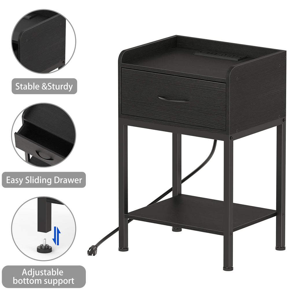Black Nightstand with Charging Station, 2-Tier End Table with Drawer & Storage Shelf, Industrial Side Table for Bedroom, Living Room