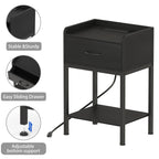 Black Nightstand with Charging Station, 2-Tier End Table with Drawer & Storage Shelf, Industrial Side Table for Bedroom, Living Room