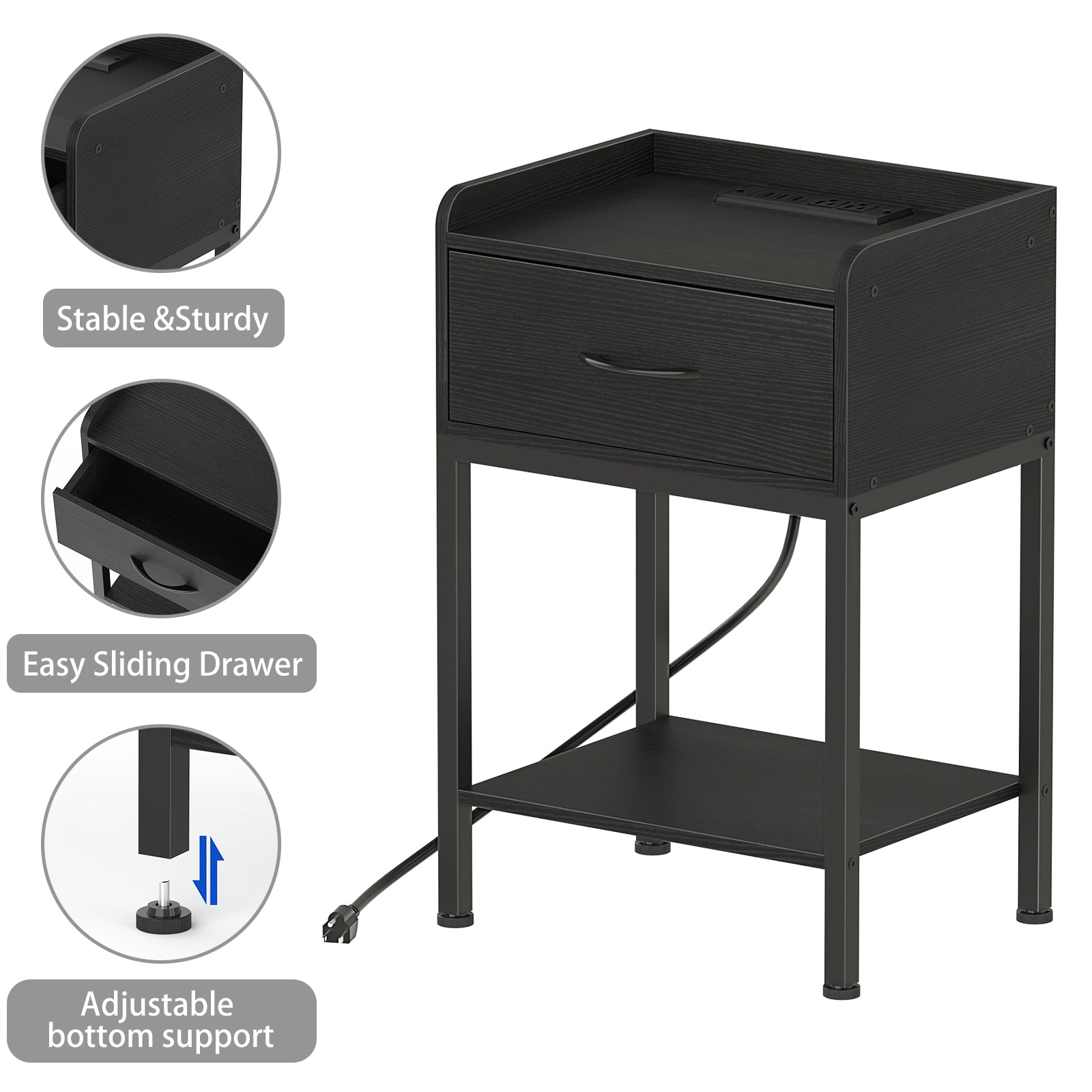 Black Nightstand with Charging Station, 2-Tier End Table with Drawer & Storage Shelf, Industrial Side Table for Bedroom, Living Room