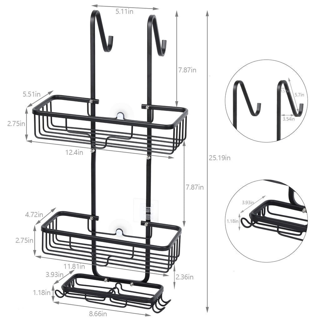 Aluminum bathroom basket behind the door, hanging, aluminum bathroom, shower caddy organizer with 2 baskets and hooks, anti-rust shampoo, conditioner and soap, black