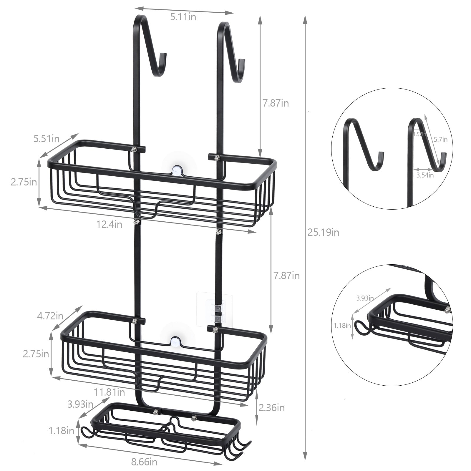 Aluminum bathroom basket behind the door, hanging, aluminum bathroom, shower caddy organizer with 2 baskets and hooks, anti-rust shampoo, conditioner and soap, black