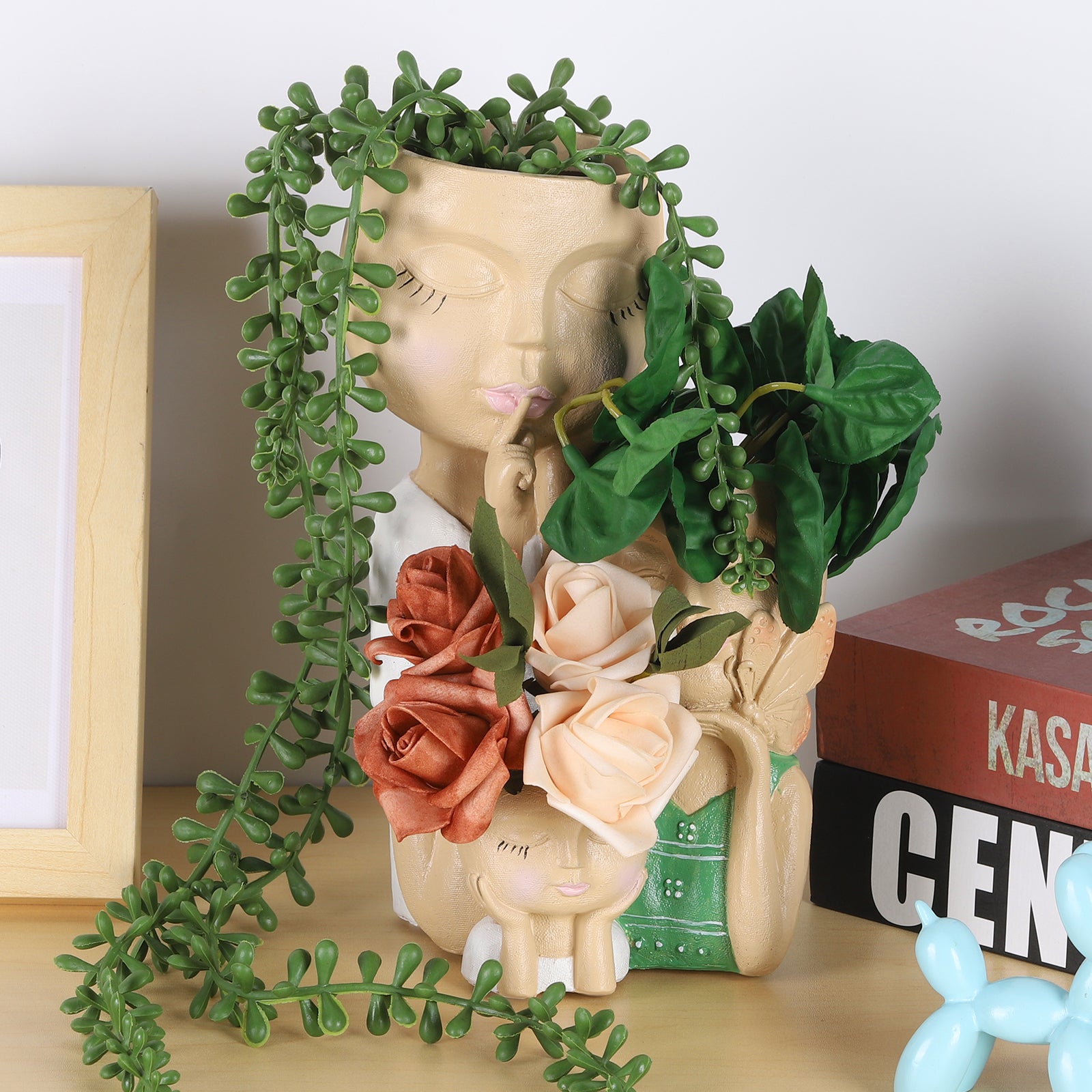 Artistic 3-Head Family Face Succulent Pot with Butterfly Detail, Decorative Closed-Eye Human Form Flower Vase with Drainage for Indoor Tabletop Display