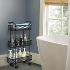 3 Layers, Slim Storage Cart with Wheels, Kitchen Rolling Cart Frame, Mobile Metal Storage Room Cart Frame for Bathroom Laundry, Rolling Multipurpose Cart for Tight Places Black