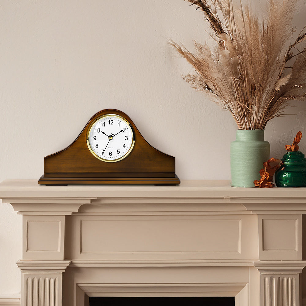 Arched Wooden Mantel Clock - Battery Operated Traditional Table Clock for Living Room, Fireplace & Office,