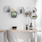 Set of 8 Hexagon Floating Shelves- Rustic White Wood Wall Mount Honeycomb Shelves