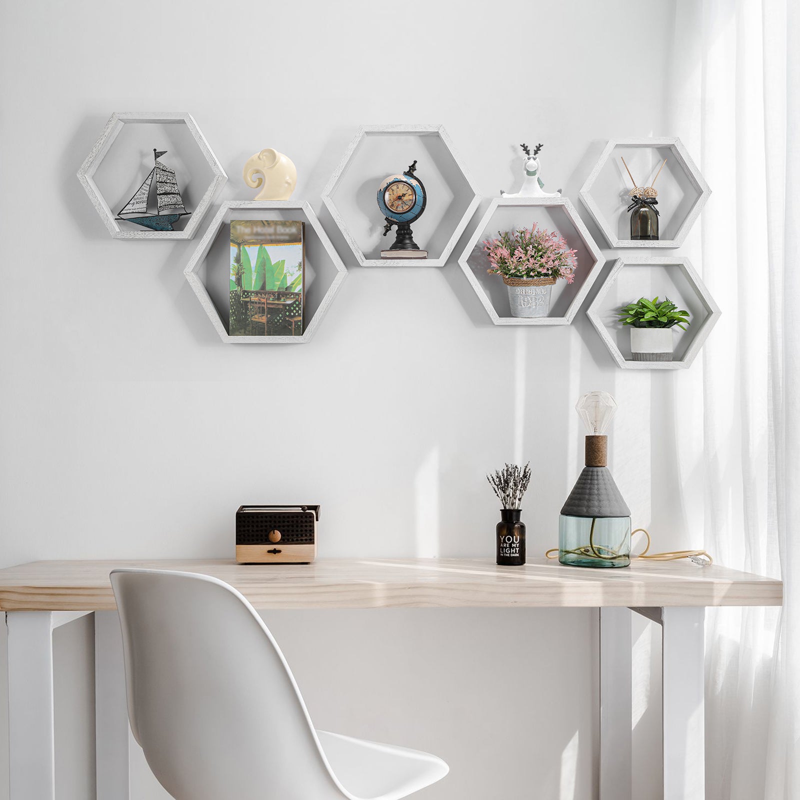 Set of 8 Hexagon Floating Shelves- Rustic White Wood Wall Mount Honeycomb Shelves