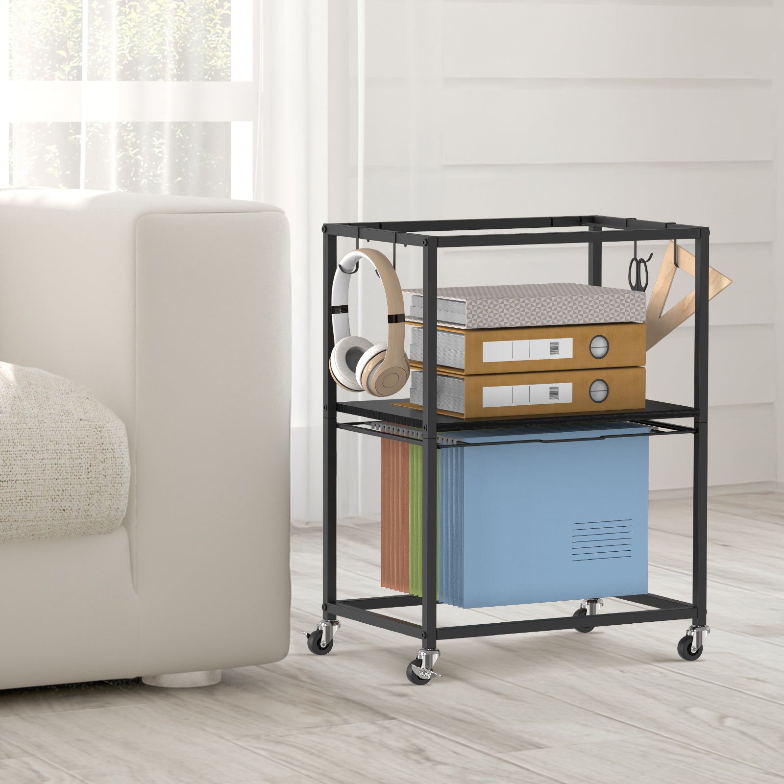 2-Tier Rolling File Cart with Side Hooks - Mobile Office Organizer for Letter & Legal Size Hanging Folders, Heavy-Duty File Storage Cabinet, Black