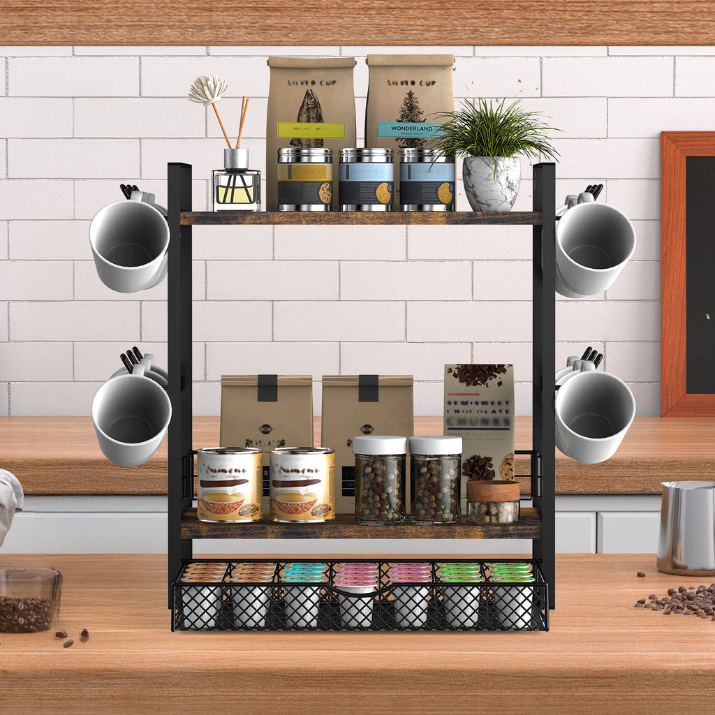 3-Tier Coffee Station Organizer - Countertop Mug Holder with 12 Hooks & 28 Pod Storage Drawer,