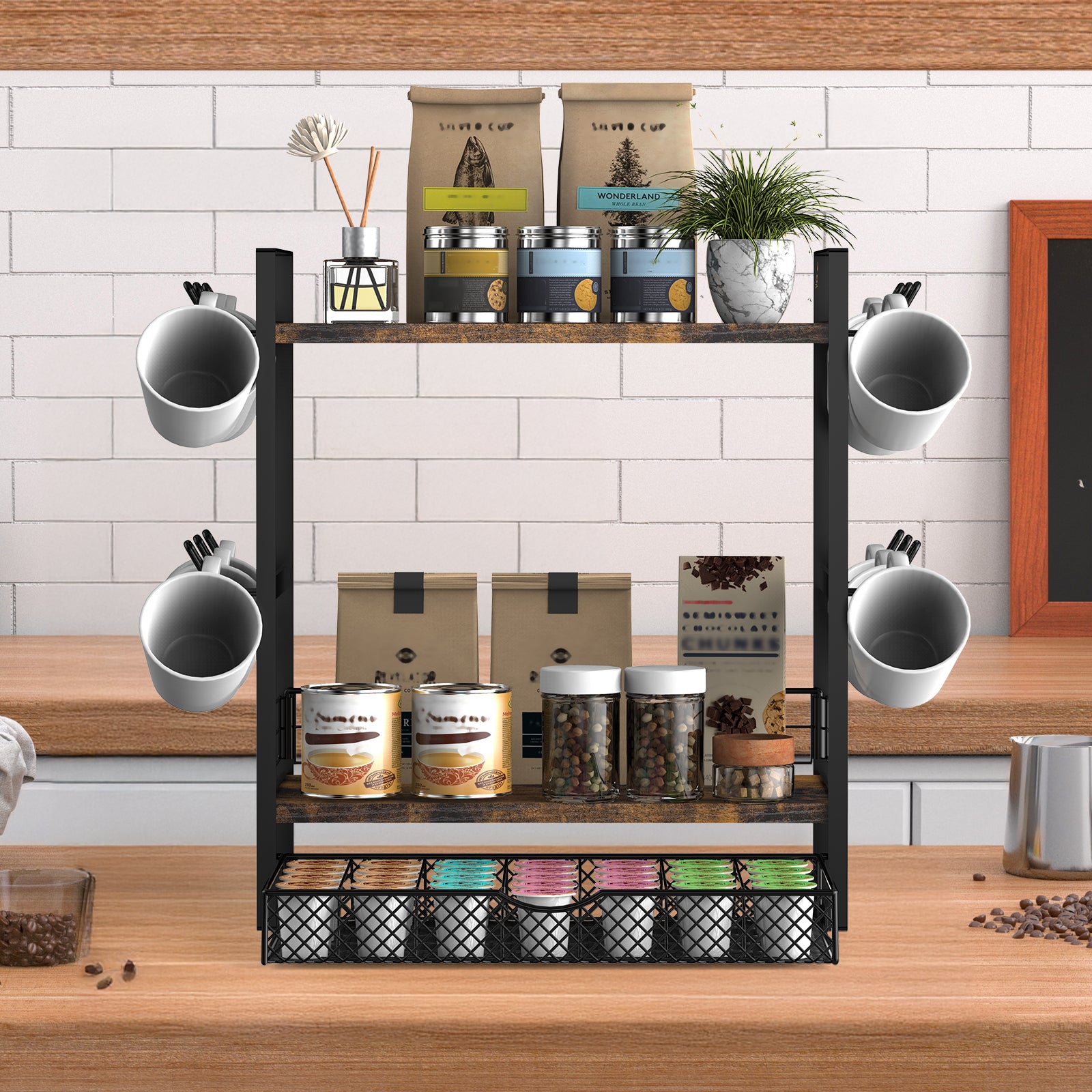 3-Tier Coffee Station Organizer - Countertop Mug Holder with 12 Hooks & 28 Pod Storage Drawer,