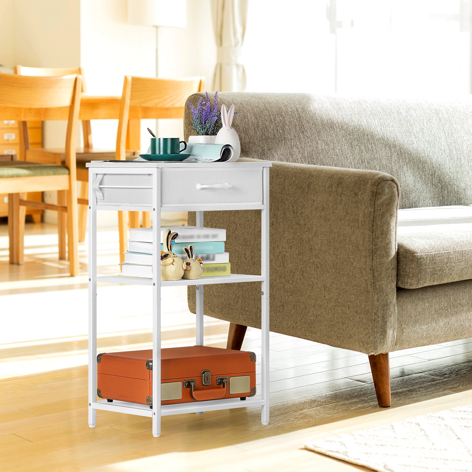 3-Tier White Printer Stand with Fabric Drawer, Desktop Book Organizer Holder for Side Table, Office & Home,