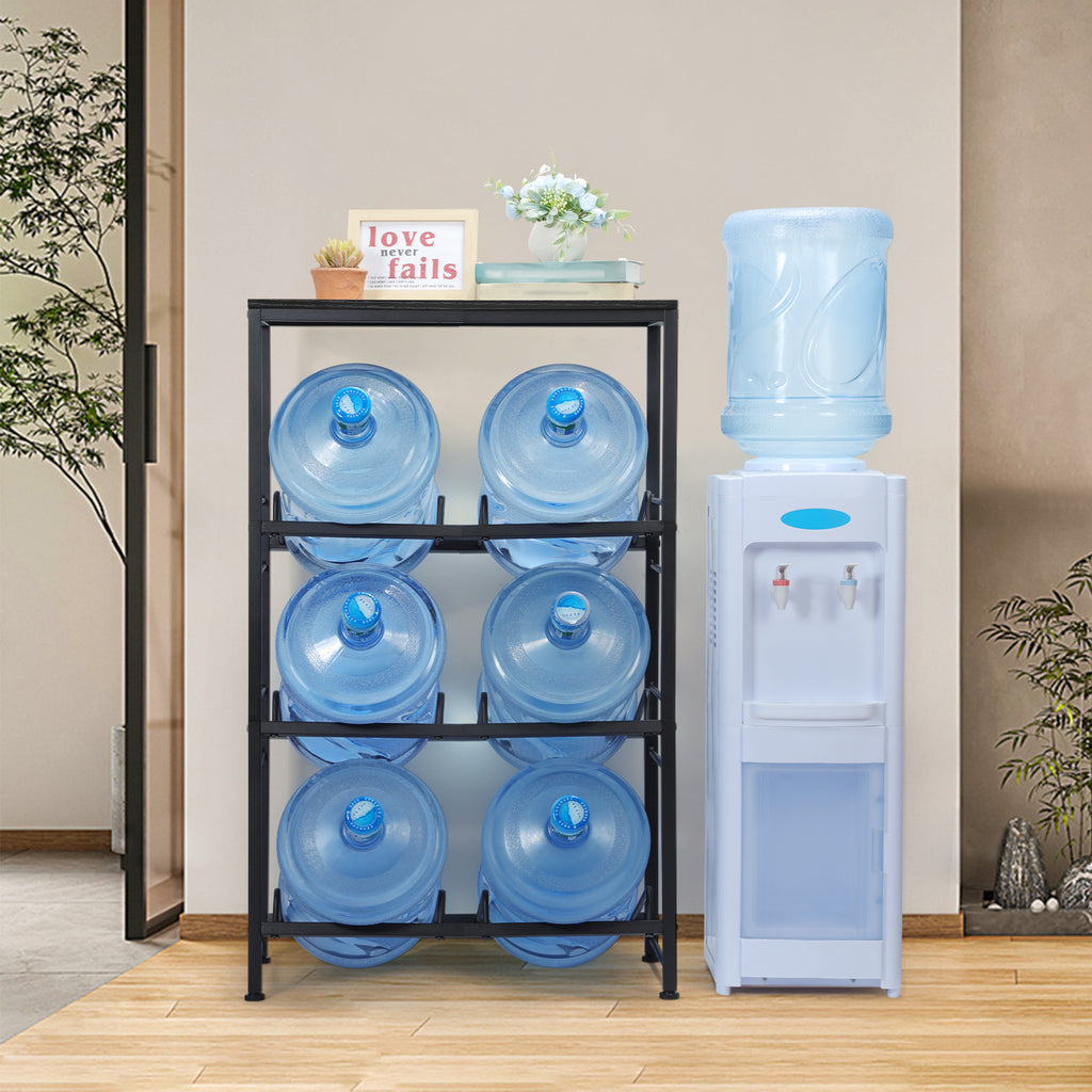 6-Bottle 5 Gallon Water Jug Holder Rack with Top Shelf - Heavy Duty 3-Tier Storage Organizer for Kitchen & Pantry, Black