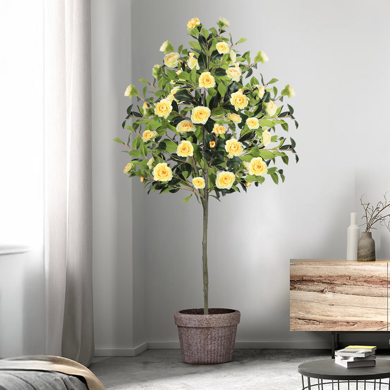 6ft Artificial Camellia Tree with Yellow Flowers, Tall Faux Blooming Tree in Pot for Indoor Outdoor Home Front Door Decor