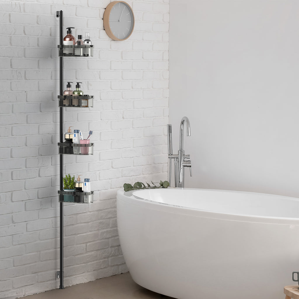 4-Tier Tension Pole Bathroom Rack, Adjustable Mesh Basket Organizer for Shower & Corner
